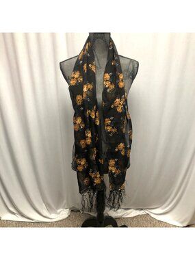 Ucho Bali Black Gold Metallic Floral Scarf Fringe Lightweight Sheer 19.5x63in